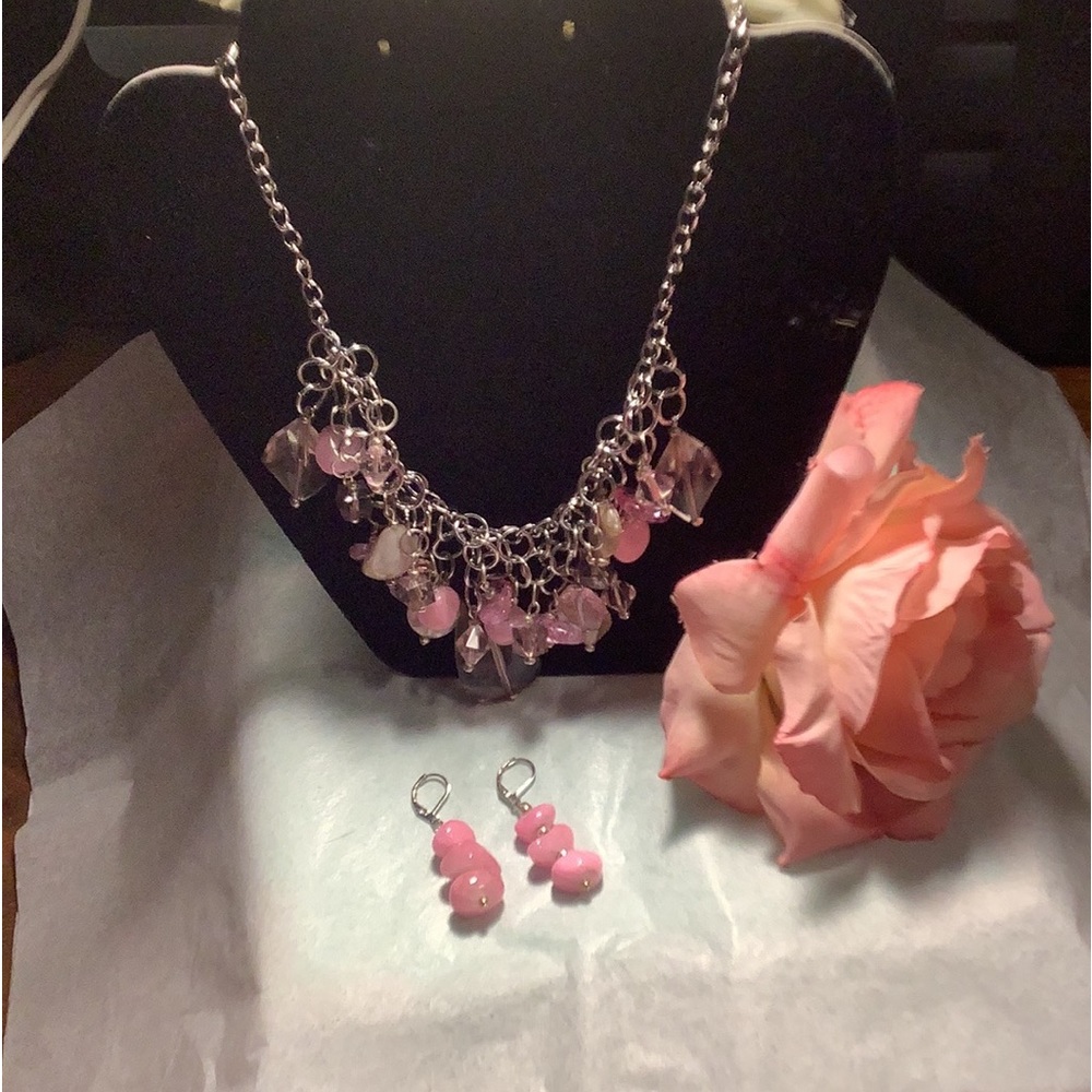 Handmade Necklace  and ears pink  and cream And silver chain